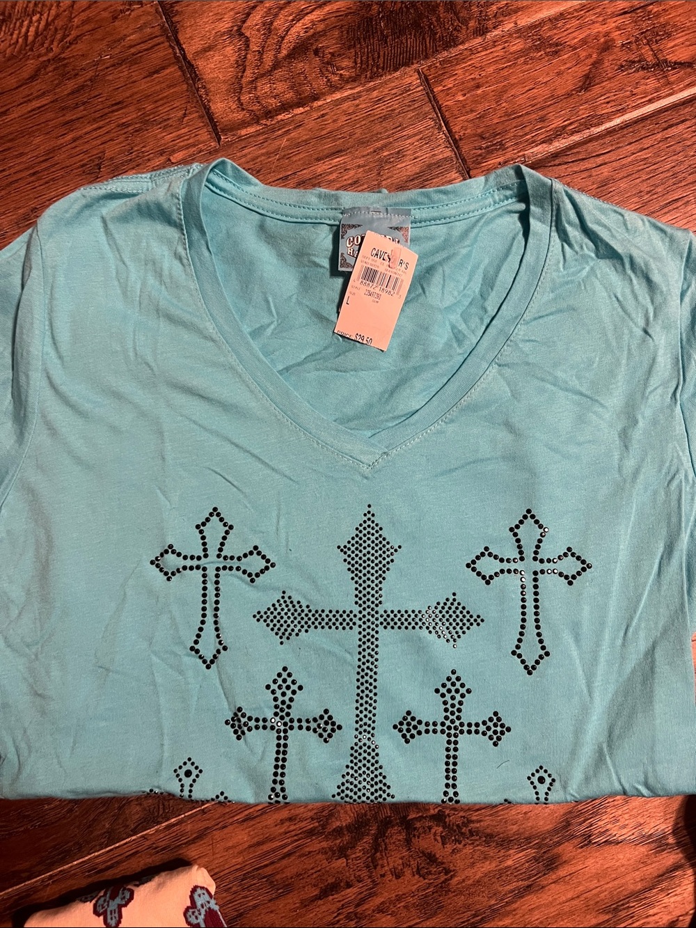 Women’s Teal V-Neck Tee with Black Stud Cross Design-Brand New